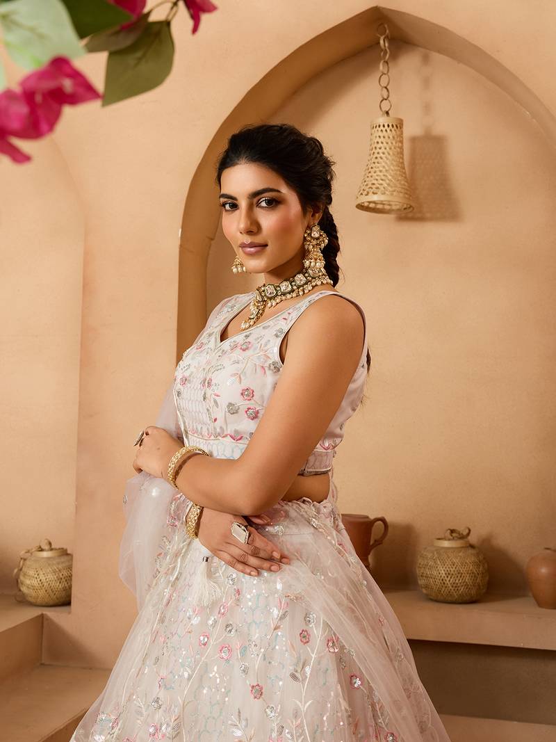 Cream- Net Fabric Sequins embroidery Semi-Stitched Lehenga & Unstitched Blouse With Dupatta