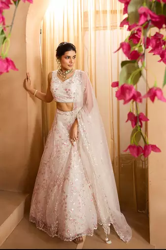 Cream- Net Fabric Sequins embroidery Semi-Stitched Lehenga & Unstitched Blouse With Dupatta