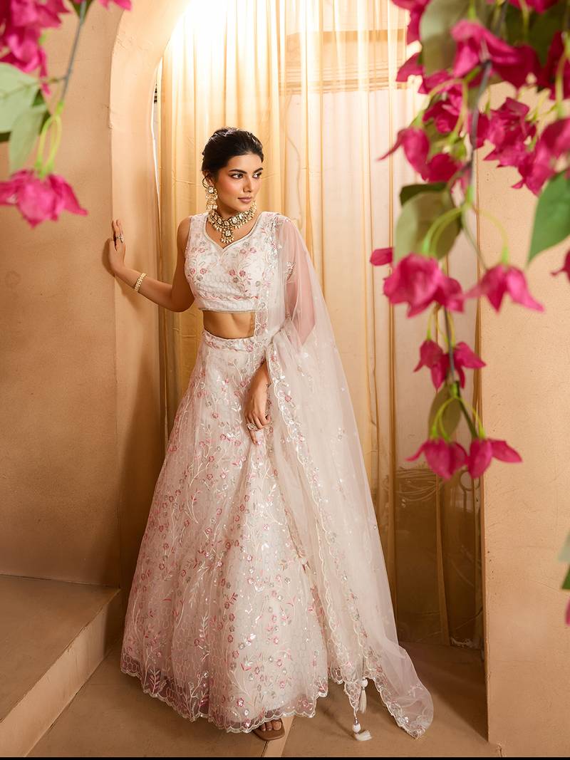 Cream- Net Fabric Sequins embroidery Semi-Stitched Lehenga & Unstitched Blouse With Dupatta