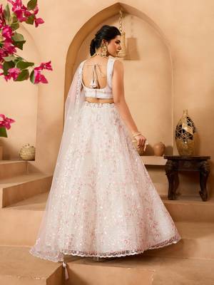 Cream- Net Fabric Sequins embroidery Semi-Stitched Lehenga & Unstitched Blouse With Dupatta 7