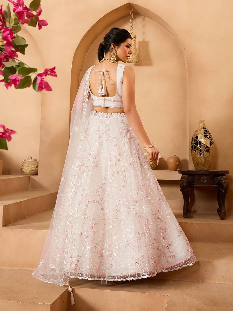 Cream- Net Fabric Sequins embroidery Semi-Stitched Lehenga & Unstitched Blouse With Dupatta