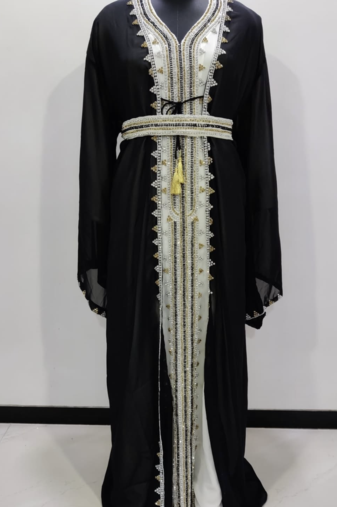  Black & White Moroccan Stitched Kaftan with Handcrafted Golden Beadwork and Belt