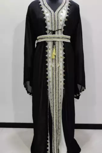  Black & White Moroccan Stitched Kaftan with Handcrafted Golden Beadwork and Belt