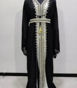  Black & White Moroccan Stitched Kaftan with Handcrafted Golden Beadwork and Belt
