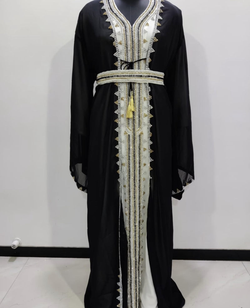  Black & White Moroccan Stitched Kaftan with Handcrafted Golden Beadwork and Belt