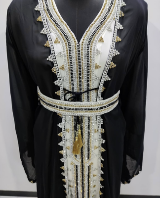  Black & White Moroccan Stitched Kaftan with Handcrafted Golden Beadwork and Belt 2