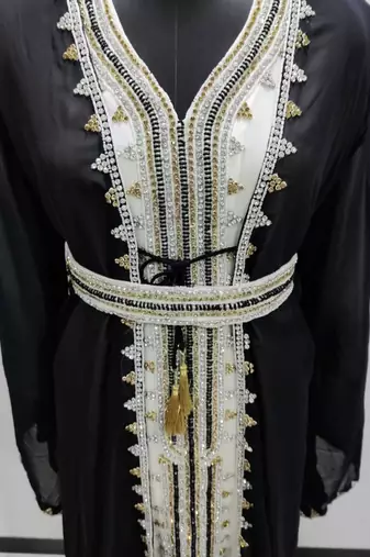  Black & White Moroccan Stitched Kaftan with Handcrafted Golden Beadwork and Belt