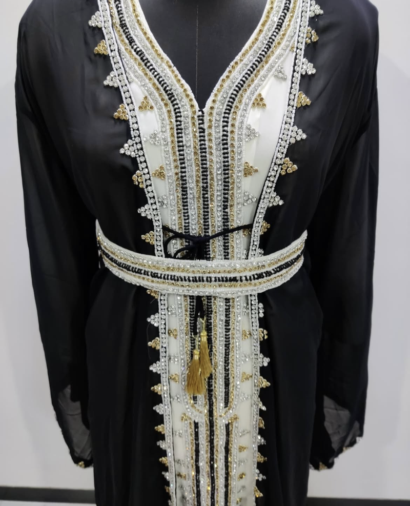  Black & White Moroccan Stitched Kaftan with Handcrafted Golden Beadwork and Belt