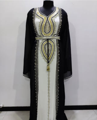 Black & White Designer Stitched Kaftan Dress with Golden Hand Embroidery and Belt 1