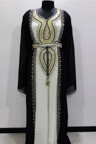 Black & White Designer Stitched Kaftan Dress with Golden Hand Embroidery and Belt