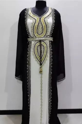 Black & White Designer Stitched Kaftan Dress with Golden Hand Embroidery and Belt