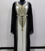 Black & White Designer Stitched Kaftan Dress with Golden Hand Embroidery and Belt
