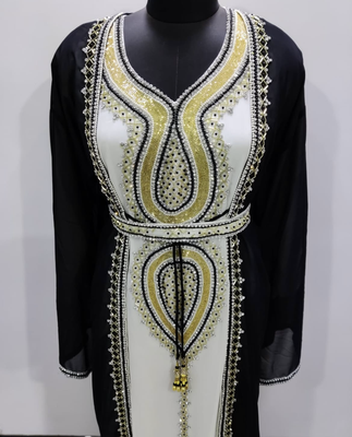Black & White Designer Stitched Kaftan Dress with Golden Hand Embroidery and Belt 2