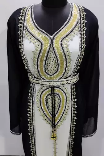 Black & White Designer Stitched Kaftan Dress with Golden Hand Embroidery and Belt