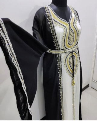 Black & White Designer Stitched Kaftan Dress with Golden Hand Embroidery and Belt 3