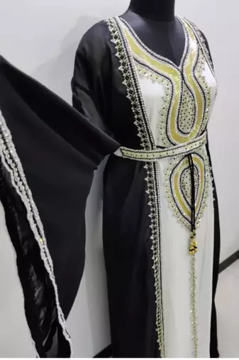 Black & White Designer Stitched Kaftan Dress with Golden Hand Embroidery and Belt