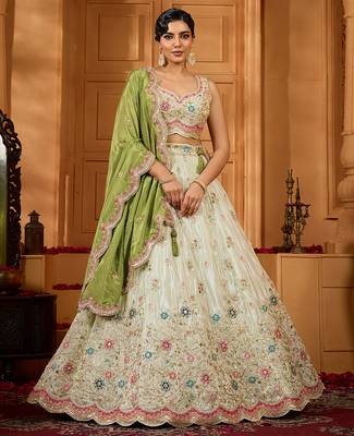 Limegreen- Tissue Fabric Sequins embroidery Semi-Stitched Lehenga & Unstitched Blouse With Dupatta 1