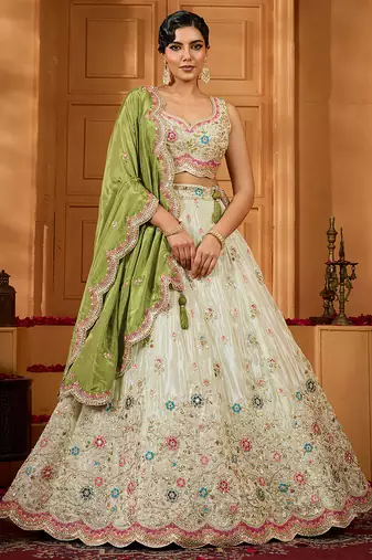 Limegreen- Tissue Fabric Sequins embroidery Semi-Stitched Lehenga & Unstitched Blouse With Dupatta