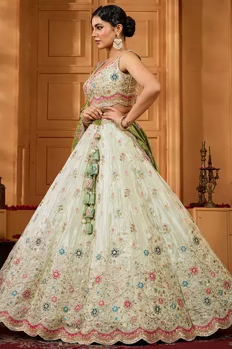 Limegreen- Tissue Fabric Sequins embroidery Semi-Stitched Lehenga & Unstitched Blouse With Dupatta