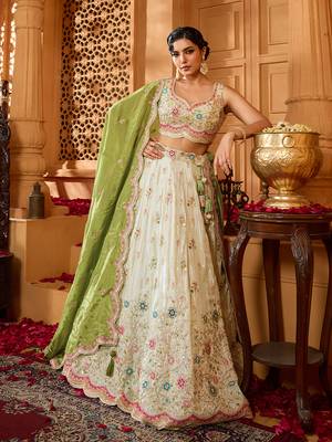 Limegreen- Tissue Fabric Sequins embroidery Semi-Stitched Lehenga & Unstitched Blouse With Dupatta 3