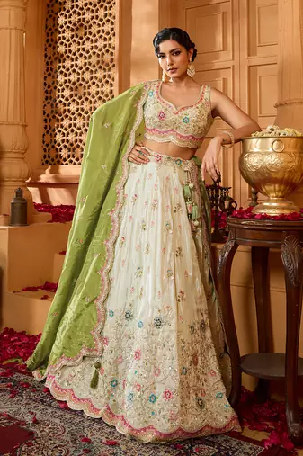 Limegreen- Tissue Fabric Sequins embroidery Semi-Stitched Lehenga & Unstitched Blouse With Dupatta