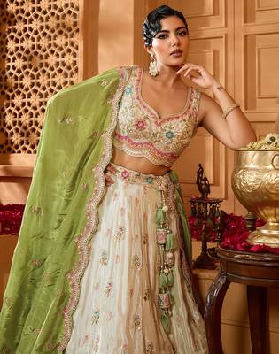 Limegreen- Tissue Fabric Sequins embroidery Semi-Stitched Lehenga & Unstitched Blouse With Dupatta 4