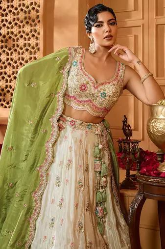 Limegreen- Tissue Fabric Sequins embroidery Semi-Stitched Lehenga & Unstitched Blouse With Dupatta