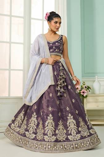 Purple- Tissue Fabric Sequins embroidery Semi-Stitched Lehenga & Unstitched Blouse With Dupatta