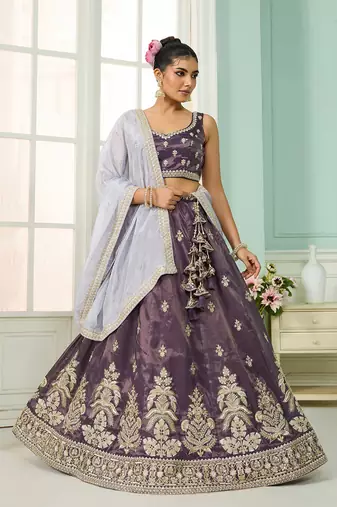 Purple- Tissue Fabric Sequins embroidery Semi-Stitched Lehenga & Unstitched Blouse With Dupatta
