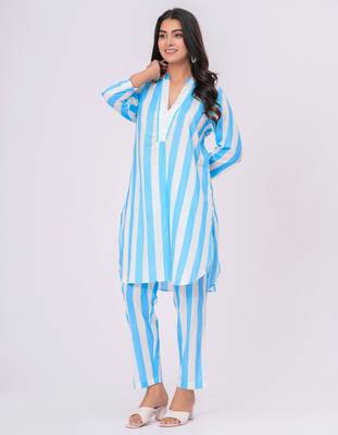 Turquoise/ white stripe  cotton co-ord set 1