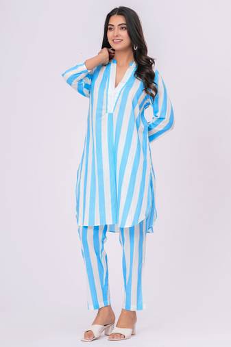 Turquoise/ white stripe  cotton co-ord set