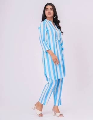 Turquoise/ white stripe  cotton co-ord set 3