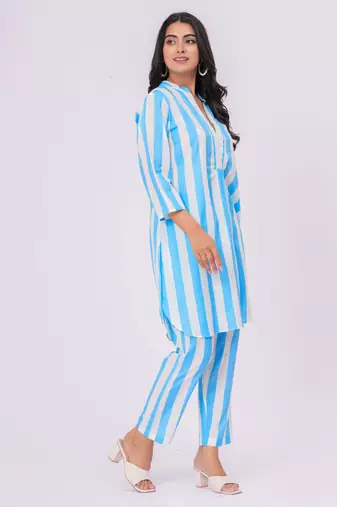 Turquoise/ white stripe  cotton co-ord set