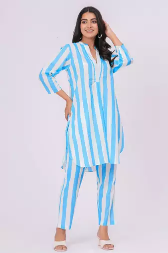 Turquoise/ white stripe  cotton co-ord set