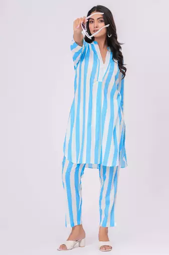 Turquoise/ white stripe  cotton co-ord set