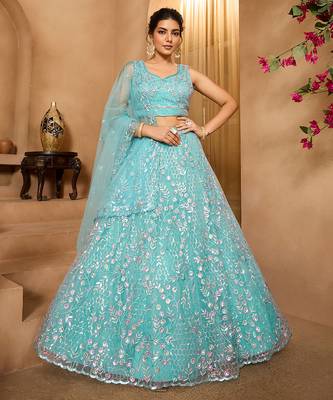 Seagreen- Net Fabric Sequins embroidery Semi-Stitched Lehenga & Unstitched Blouse With Dupatta 1
