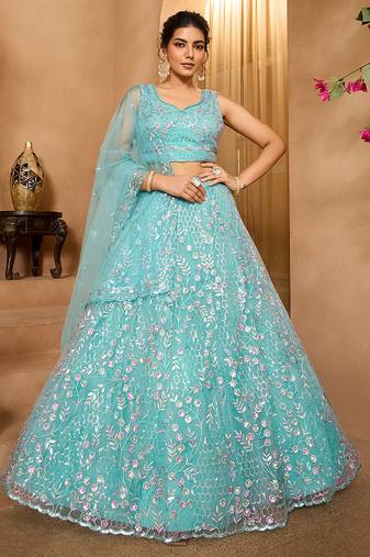 Seagreen- Net Fabric Sequins embroidery Semi-Stitched Lehenga & Unstitched Blouse With Dupatta