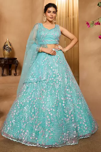 Seagreen- Net Fabric Sequins embroidery Semi-Stitched Lehenga & Unstitched Blouse With Dupatta