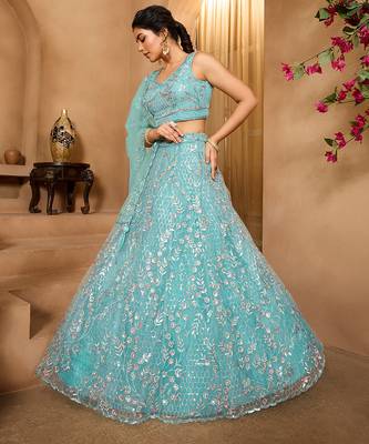 Seagreen- Net Fabric Sequins embroidery Semi-Stitched Lehenga & Unstitched Blouse With Dupatta 2