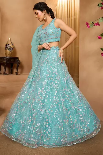 Seagreen- Net Fabric Sequins embroidery Semi-Stitched Lehenga & Unstitched Blouse With Dupatta