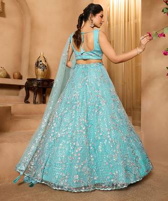 Seagreen- Net Fabric Sequins embroidery Semi-Stitched Lehenga & Unstitched Blouse With Dupatta 3