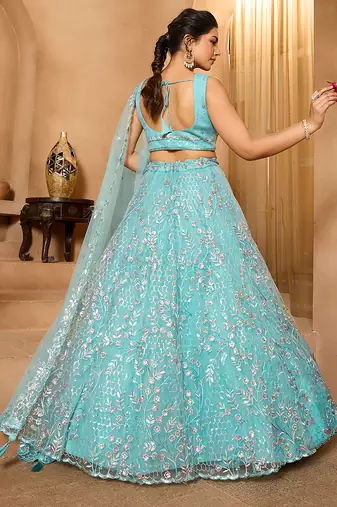 Seagreen- Net Fabric Sequins embroidery Semi-Stitched Lehenga & Unstitched Blouse With Dupatta