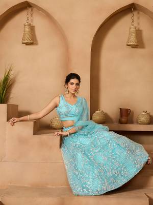 Seagreen- Net Fabric Sequins embroidery Semi-Stitched Lehenga & Unstitched Blouse With Dupatta 4