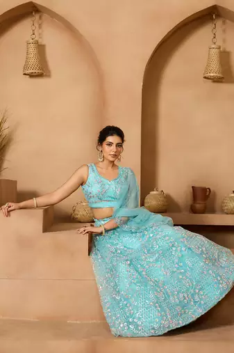 Seagreen- Net Fabric Sequins embroidery Semi-Stitched Lehenga & Unstitched Blouse With Dupatta