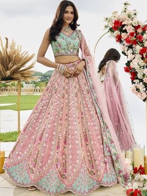 Pink- Tissue Fabric Sequins embroidery Lehenga & Unstitched Blouse With Dupatta 1
