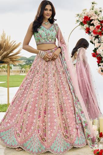 Pink- Tissue Fabric Sequins embroidery Semi-Stitched Lehenga & Unstitched Blouse With Dupatta