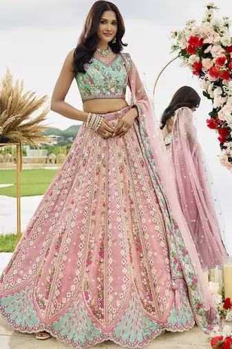 Pink- Tissue Fabric Sequins embroidery Semi-Stitched Lehenga & Unstitched Blouse With Dupatta