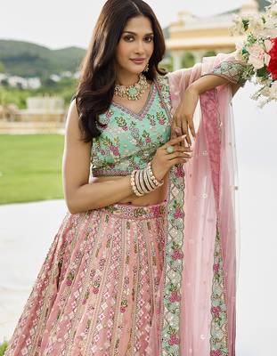 Pink- Tissue Fabric Sequins embroidery Lehenga & Unstitched Blouse With Dupatta 3