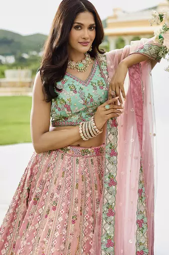 Pink- Tissue Fabric Sequins embroidery Lehenga & Unstitched Blouse With Dupatta