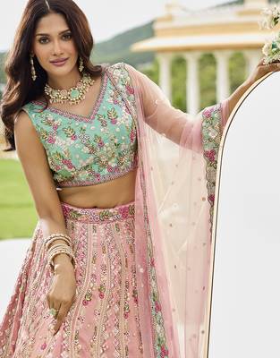 Pink- Tissue Fabric Sequins embroidery Lehenga & Unstitched Blouse With Dupatta 4